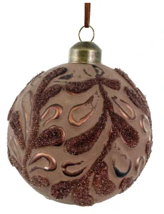A - Vánoční ozdoba, Skleněná koule, podložka, hnědé korálkové listy, 8 cm
